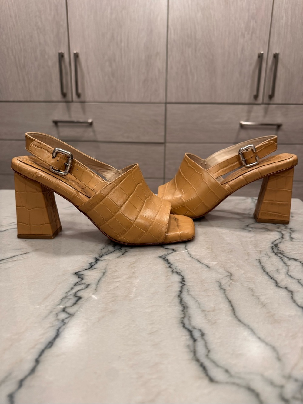 Freda Salvador croc-embossed leather block heel sandals.